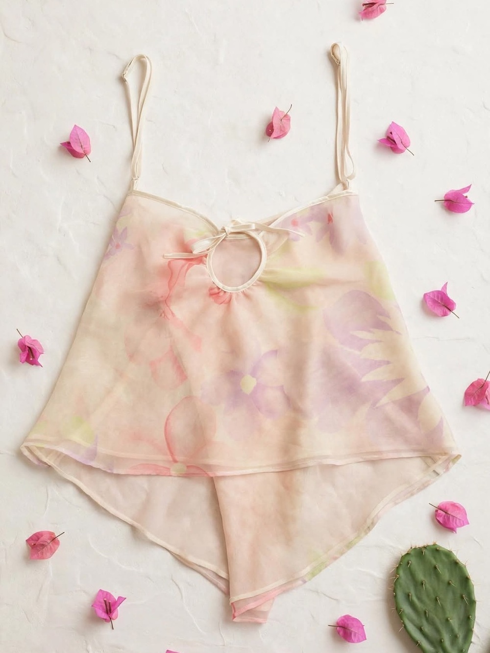 Sheer Pastel Floral Chemise with Keyhole Tie - Women Intimates